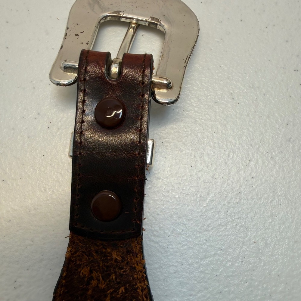 Nocona Belt Co Silver Overlay Conches Floral Embossed Metal Rawhide Belt 42 - Picture 13 of 16